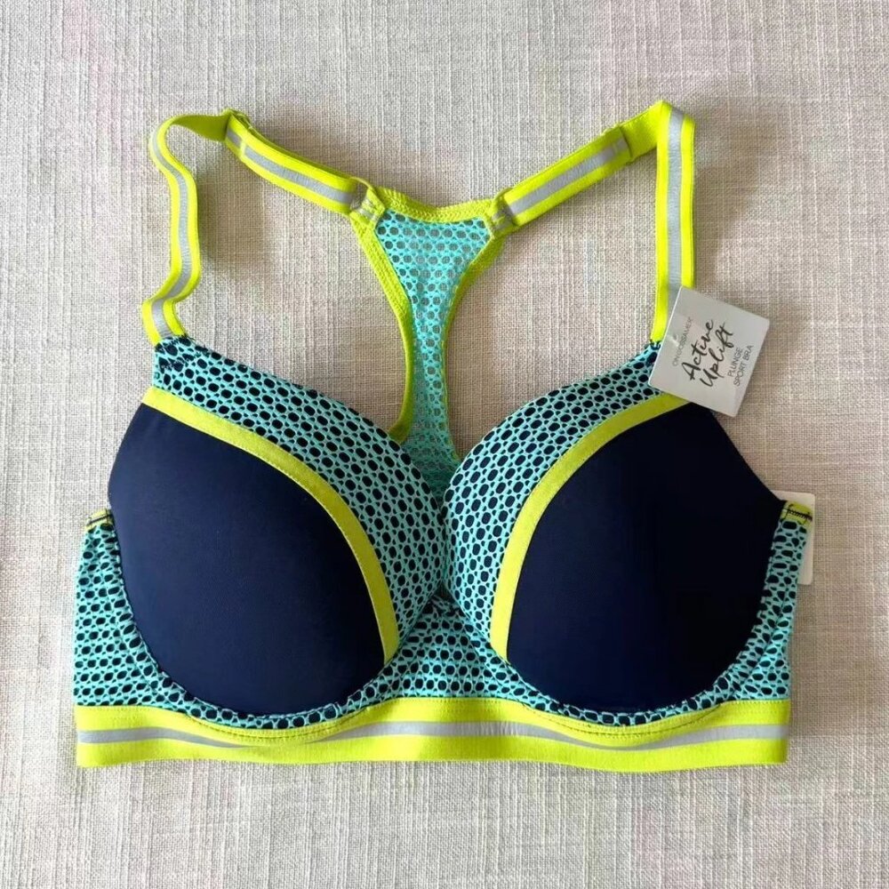 NWT On Gossamer Uplift Push Up Plunge Sports Bra SZ 32C Neon Green Electric Blue